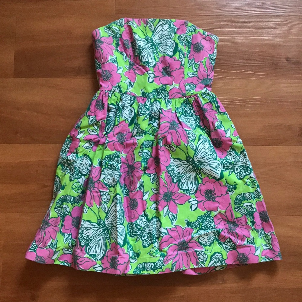 Lilly Pulitzer Strapless Floral Dress in Lime Green & Pink
